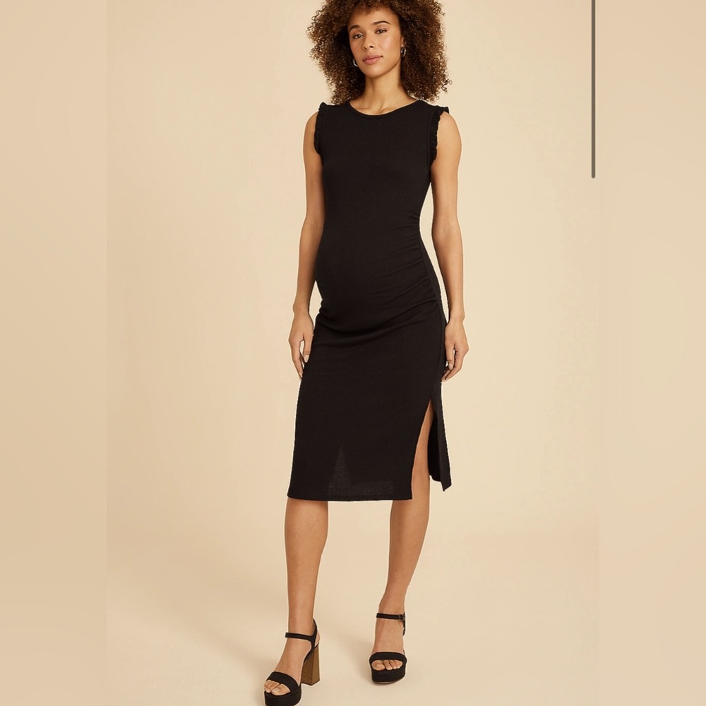 🔴 Ribbed Ruffle Shoulder Midi Maternity Dress - NWT